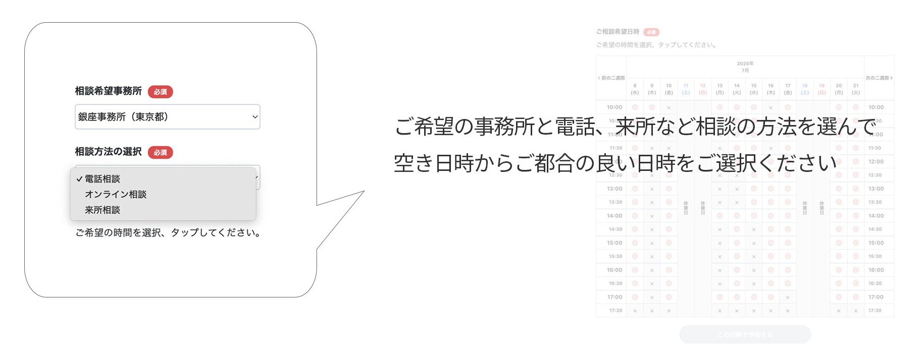 ご希望の事務所と電話、来所など相談の方法を選んで、空き日時からご都合の良い日時をご選択ください